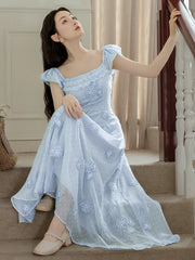 LIZAKOSHT - Summer Lady Blue Dress Retro French Style Embroidery Flower Flying Sleeve Romantic Fairy Princess Dresses For Vacation Holidays
