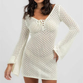 LIZAKOSHT - Women Crochet Cover Up Dress Summer Long Sleeve Hollow Out Knit Mini Dress Sexy V Neck Backless Swimsuit Beach Dress