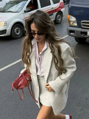 LIZAKOSHT - Fashion Classic Grey Women's Jacket Skirt Set Solid Color Turndown Collar Single Breasted Jackets Slim Fit Short Skirts Sets