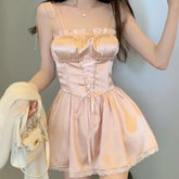 LIZAKOSHT - French Sweet Ins Strap Waist Design Suspender Skirt Splicing Slim Lace