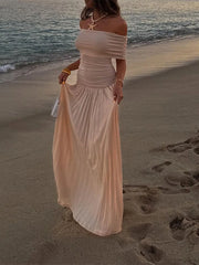 LIZAKOSHT - One Line Collar Strapless Pleated Long Dress Solid Color Sleeveless Splice Elegant Lady Dresses Summer Female Beachwear Vestidos
