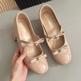 LIZAKOSHT  -  Patent Leather Round Toe Chunky Mary Jane Shoe Woman Pumps Shallow Leisure Dress Shoes Crystal Fashion Sweet High Heeled Women