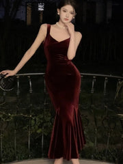 LIZAKOSHT - Sexy French Velvet Mermaid Midi Dress For Women Autumn Strap Backless Bodycon Solid Mujers Elegant Evening Party Prom Robe