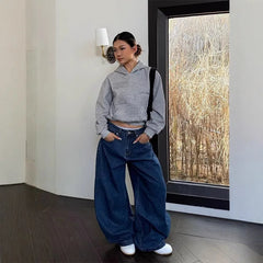 LIZAKOSHT - Washed American Style Wide Leg Jeans High Waist Straight Cut Commute Elegant High Quality Cotton Polyester Blend No Stretch
