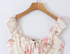 LIZAKOSHT - Sexy Pink Floral Print Bow Collar Elastic Strap Tank Top Slim Corset Women Lacing up Sashes Back Lace Hem Side Zipper Crop Vest