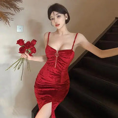 LIZAKOSHT - Women's Crushed Velvet Spaghetti Straps Sexy Ruched High Split Slim Fit Bodycon Midi Dress Cocktail Club Dresses Vestidos