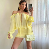 LIZAKOSHT - Elegant Sexy Yellow Ruffles Ruched Boydcon Mini Dress Women Lace Up Slash Neck Off Shoulder Flare Long Sleeve Party Clubwear