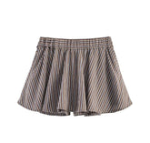 LIZAKOSHT - Fashion Coffee Stripes Tie Bow Sashes Elastic Waist Wide Leg Shorts Women Shorts Skirts Causal Mini Pants