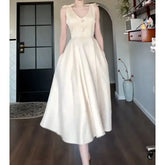 LIZAKOSHT - Summer Champagne Bow A Line Dress Women Elegant Slim Waist Party Dress
