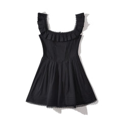LIZAKOSHT - Woman Sleeveless A line Mini Robe Sexy Black Spliced Lace Square Collar Ruffles Wood ears Strap Corset Style Sling Dress