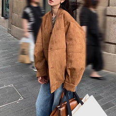 LIZAKOSHT - Vintage Brown Bomber Jackets Women Autumn Single Breasted Full Sleeve Female Coats Fashion Streetwear Office Baseball Outerwears