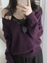 LIZAKOSHT - Streetwear Vintage Solid Knitted Grunge Sweaters Y2k Aesthetic Loose Casual Pullovers Women Harajuku Autumn Button Jumpers
