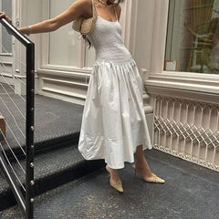 LIZAKOSHT - Elegant New Elegant Sleeveless Elastic Club Dress Casual Female Swing Banquet Long Dress 2024 Women Solid Pleat A-line Dress