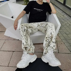 LIZAKOSHT - Retro Leopard Printed Wide Leg Jeans Y2k High Waist Button Baggy Trousers Unisex Hip-hop High Street Loose Denim Pants For Women