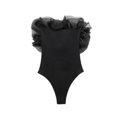 LIZAKOSHT - Summer White Organza Bodycon Bodysuit Sexy Rib Rompertjes Skinny Women Streetwear Black Jumpsuits Women Rompers