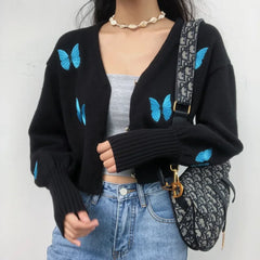 LIZAKOSHT - Women New Y2k Butterfly Embroidery Cardigans Lantern Sleeve V Neck Sweater Coat Knitted Single Breasted Autumn Tops E Girl