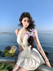 LIZAKOSHT  -  Woman Dress Sleeveless Halter V Neck Hollow Out Slim Lace Patchwork Summer Fashion Holiday Party Mini Dresses Elegant