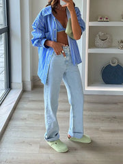 LIZAKOSHT - Women Fashion Chic Striped Shirt With Lingerie Casual Lapel Single-breasted Long Sleeve Shirts 2024 New Loose Lady Pocket Blouse