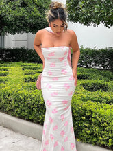 LIZAKOSHT - Elegant Floral Print Strapless Ribbon Sexy Bodycon Maxi Prom Dress Summer Women Clothes Birthday Party Festival