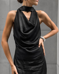 LIZAKOSHT - Black Satin Slit Neck Sleeveless Dress Matte Soft Bodycon Long Dress, Off Shoulder Zipper Tie Belt Elegant Party Gown