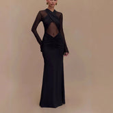 LIZAKOSHT - New Women Long Sleeve See Through Sexy Solid Color Elegant Pleated Dress