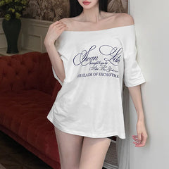 LIZAKOSHT - Off Shoulder T-Shirts Women's Loose Fit American Streetwear Top Sleeve Casual T with Letter Summer Y2K O-Neck Blouses