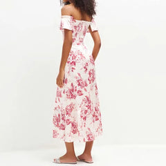 LIZAKOSHT - Women Flower Print Slash Shoulder Midi Chiffon Dress Spliced Ruffles Hem Short Sleeve Robe Holiday Retro French Style