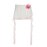 LIZAKOSHT - Tie-flower A-line Tiered Skirt with Shorts Y2K Aesthetic Ruffle Tassel Layered Mini Skirts Cute Bottom Fairycore Outfit