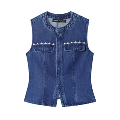 LIZAKOSHT - Denim Vests Jackets Autumn Women's 2025 New Slim O-neck Beaded Elegant Women Jackets Chic Street Youth Casual Denim Jacket Vests