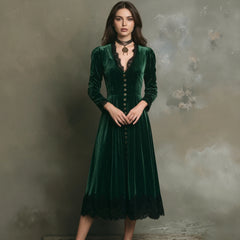 LIZAKOSHT - Elegant Women Velvet Dress Lace Splicing Sexy V Neck Long Sleeve Single Breasted High Waist Pocket A-Line Evening Party Dress