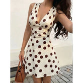 LIZAKOSHT - Summer Polka Dot Mini Dresses Women Casual V-neck Waist-cinching Sleeveless Pleated A-line Dress Fashion Lady Vacation Robe