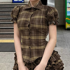 LIZAKOSHT  -  Back Shirred Plaid Blouse Brown French Style Turn-down Collar Single-breasted Shirts Vintage Puff Short Sleeve Tops