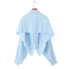 LIZAKOSHT - Spring 2024 Women Blue Striped Short Shirt Blouse Sexy Backless Lapel Streetwear Ladies Shirts Batwing Sleeve Blusas Mujer