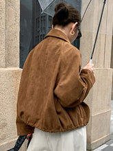 LIZAKOSHT - Suede Short Jacket Women Fashion Brown Zipper Long Sleeves Front With Drawstring Hem Pockets Outerwear New Autumn Winter