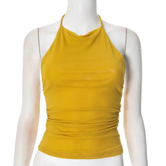 LIZAKOSHT  -  European and American hot girls women's spring summer new solid color sexy backless mesh halterneck top women's 2025