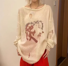 LIZAKOSHT - Subculture Punk Harajuku Girl Knitted Sweater Loose Long Sleeve Sweaters Spring Autumn 2024 Women Beige Casual Sweaters