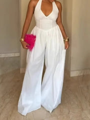 LIZAKOSHT - Solid Loose Minimalist Backless Jumpsuits for Women Square Collar Sleeveless High Waist Casual Jumpsuits Female Fashion New