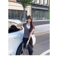 LIZAKOSHT - American Vintage Halter Grey Short-sleeved Tops Women Summer Slim Sexy Retro T-shirt Casual Basic Popular Chic Tees