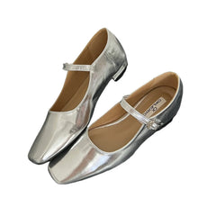 LIZAKOSHT - Silver Ballerina Shoes Woman Belt Strap Mary Janes Lolita Square Toe Flats OL Ladies Dress Mocasines Brides Wedding Ballets