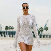 LIZAKOSHT - Pink White Matte Nylon Lace Bikini Triangl Cup Long Sleeve Dress 3 Pieces