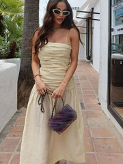 LIZAKOSHT - Sexy Patchwork Pleated Women Sling Dress Elegant Sleeveless Backless Midi A-line Dresses 2024 Summer Lady Slim Street Robes