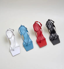 LIZAKOSHT - Women Genuine Leather Sandals Thin Heel Sandals High Heels Buckle Square Toe Ladies Footwear Summer Beige Black Red 39