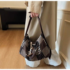 LIZAKOSHT - Fashion Plaid Texture Shoulder Bag Autumn Winter Wool Large Capacity Crossbody Bag Retro Lazy Style Lightweight Storage Bag