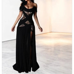 LIZAKOSHT - 2026 Women's Elegant New Sexy Lace Stitching Slightly Sheer Slit Dress