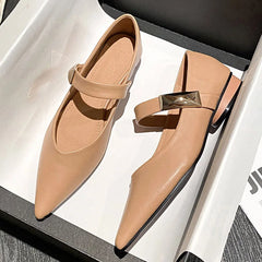 LIZAKOSHT - Plus Size34-42 Woman Fashion Casual Pointed Toe Flats Female Kawaii Solid Low Heels Mary Jane Strappy Leather Office Shoes