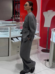 LIZAKOSHT - Retro Double Breasted Jacket Long Pant Set Lady Elegant Gray Waist-cinching Jackets Straight Pants Sets Women New Chic Steetwear