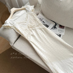 LIZAKOSHT - French Vintage Cream White Satin Polka Dot Lace Ruffle Cap Sleeves V Neck Waist Cinched Maxi Dress Women Girls Daily Party Wear