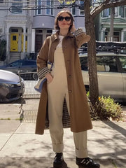 LIZAKOSHT - Woman Casual Long Trench Coats Khaki Plaid Lined Lapel Single Breasted Jacket With Pocket Autumn Chic Lady Commute Outwear