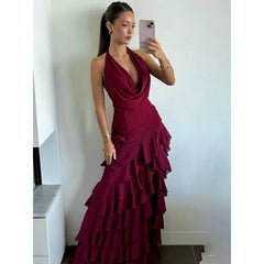 LIZAKOSHT - Elegant Burgundy Dresses 2025 Summer Layered One Piece Prom Dress Midi Ruffled Sleeveless Backless Halter Dresses Evening Party
