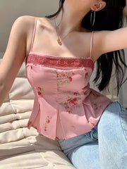LIZAKOSHT - Y2k Pink Floral Print Crop Top Women Lace Patchwork Slim Fit Backless Camis Summer Edgy Clothes for Sexy Girl Streetwear